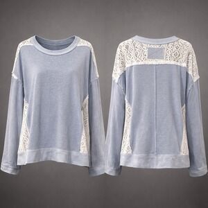 POL Womens Light Blue Crochet Lace Inset Long Sleeve Slub Knit Top Size Medium